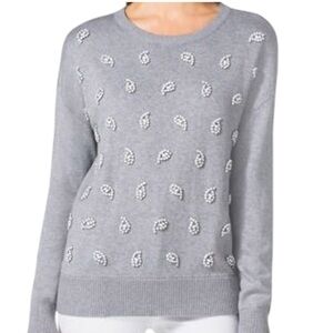 MICHAEL KORS Pearl Beaded Paisley Embellished Gray Sweater